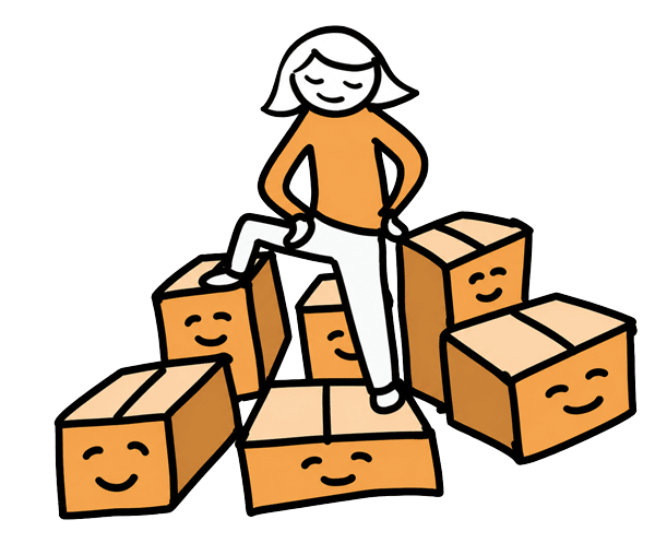 Illustration einer zufriedenen Person, die entspannt zwischen mehreren lächelnden Ordnungsboxen steht.