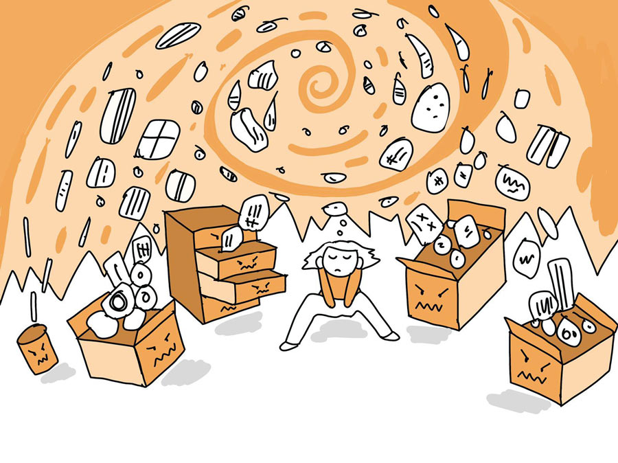 Illustration zum Thema Ordnungsberater Wien mit einer gestressten Person zwischen Unordnung, Kisten und wirbelnden Gegenständen