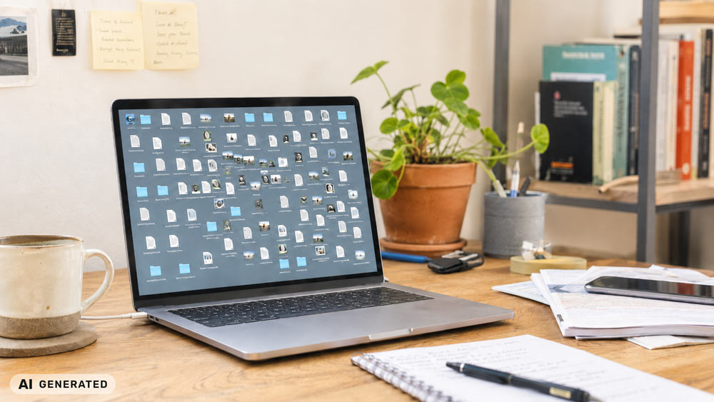 Fotorealistische KI-Darstellung eines Laptops, dessen Desktopoberfläche, wo sich sehr viele Dateien angesammelt haben