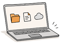 Illustration eines Laptops, auf dem drei Symbole angeordnet sind