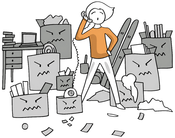 Illustration einer Person, die versucht, im Alltag Ordnung zu halten und ist von Unordnung umgeben